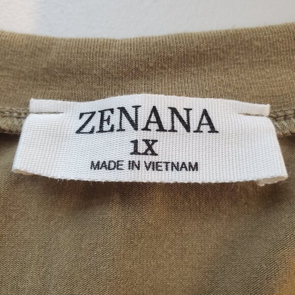 2 ZENANA SZ 1X Rolled Short Sleeve V-Neck Tops Coral Stripe & Olive Brown - Picture 8 of 10
